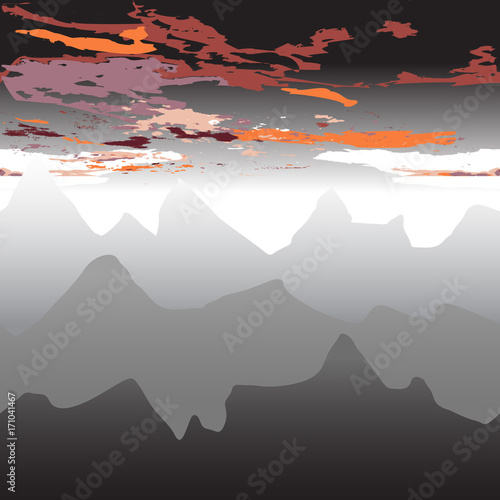 Black mountains in the fog.Seamless background.Sunrise or sunset in the mountains