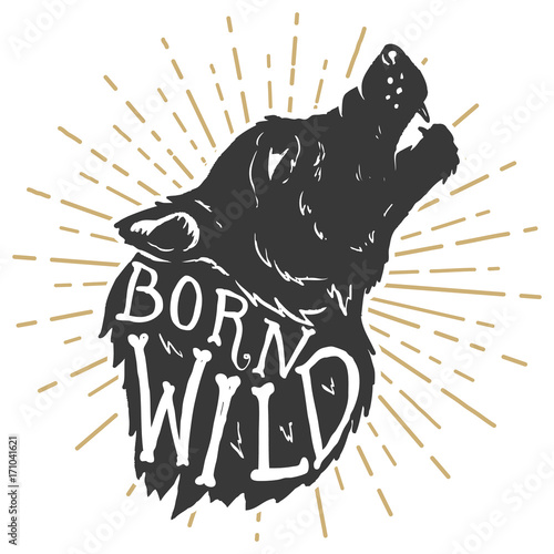 Born wild. Hand drawn wolf illustration with lettering.