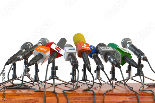 Bild auf Leinwand Microphones of different mass media, radio, tv and press prepared for conference meeting