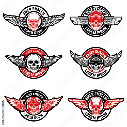 Set of biker club emblems templates. Skull with wings.