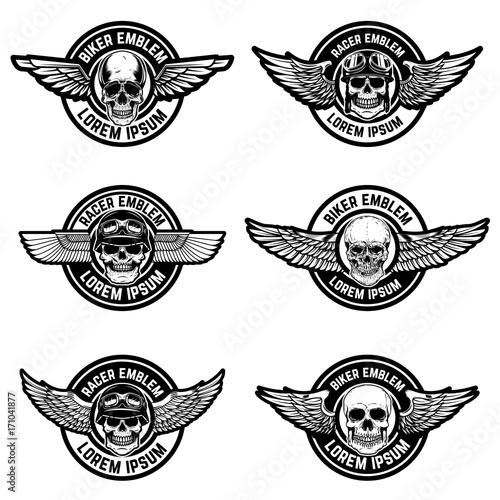 Set of biker club emblems templates. Emblems with skulls and wings.