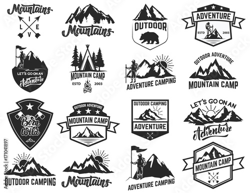 Set of camping emblems isolated on white background. Hiking, tourism, outdoor adventure.