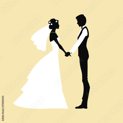 Vector illustration for a wedding card. Graceful and beautiful silhouettes of groom and bride