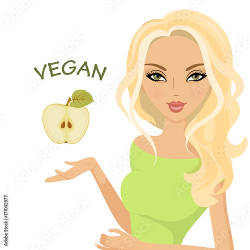 World day of vegetarianism. Isolated white background. Woman hand holding the Apple.