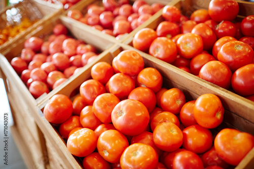 Assortment of red fresh tomatoes in wooden boxes for sale
