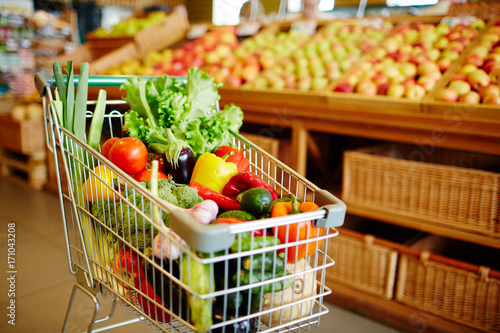 Shopping cart full of fresh and ripe vegetables in modern hypermarket