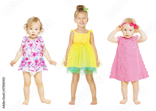 Baby Girls in Dress, Kids Group, Toddler Children Isolated over White, one three years old
