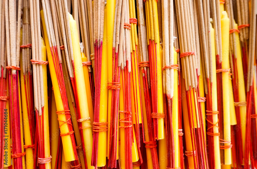 Candle and incense stick sets in Thai brass tray with pedestal
