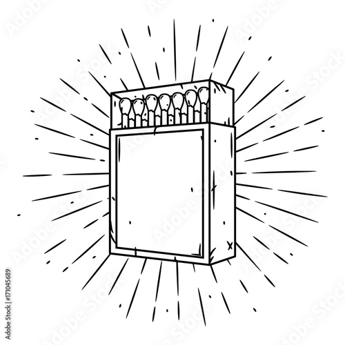 Hand drawn vector illustration with a matches box and divergent rays. Matches in a matchbox