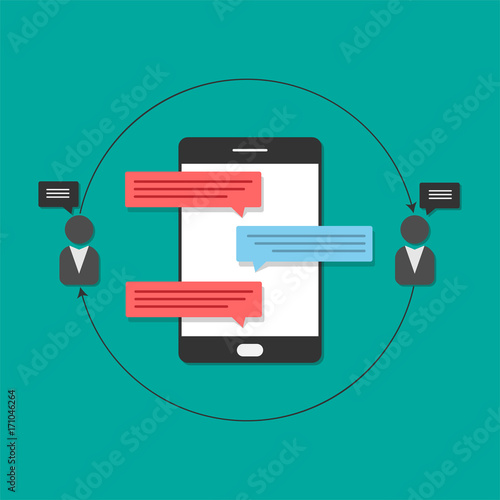 Business concept chat messages notification on mobile phone flat design vector illustration.