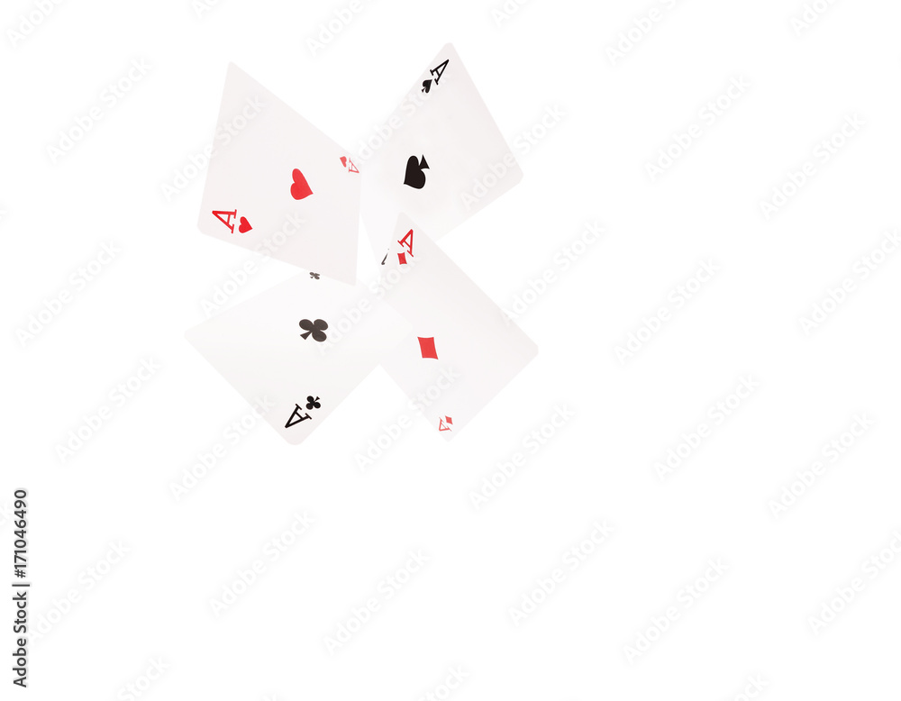 Playing cards flying at the white background