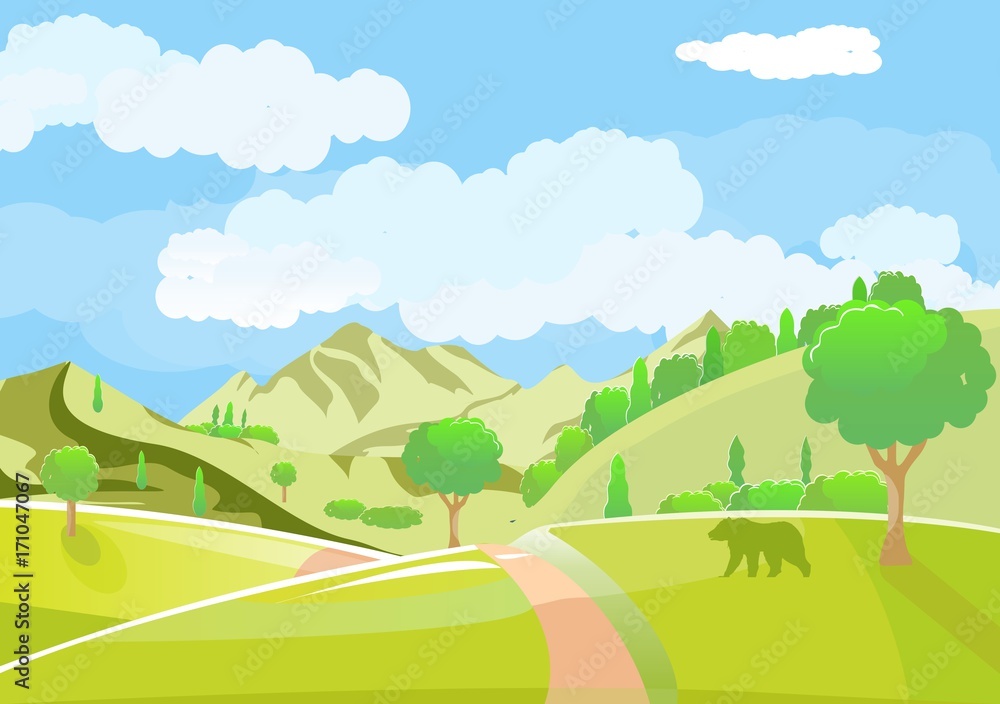 Green landscape with fields and hill. Lovely rural nature. Vector illustration.