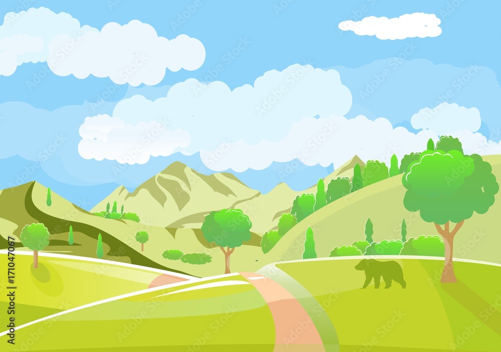 Fototapeta premium Green landscape with fields and hill. Lovely rural nature. Vector illustration.