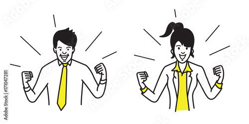 Happy businessman and woman holding fist