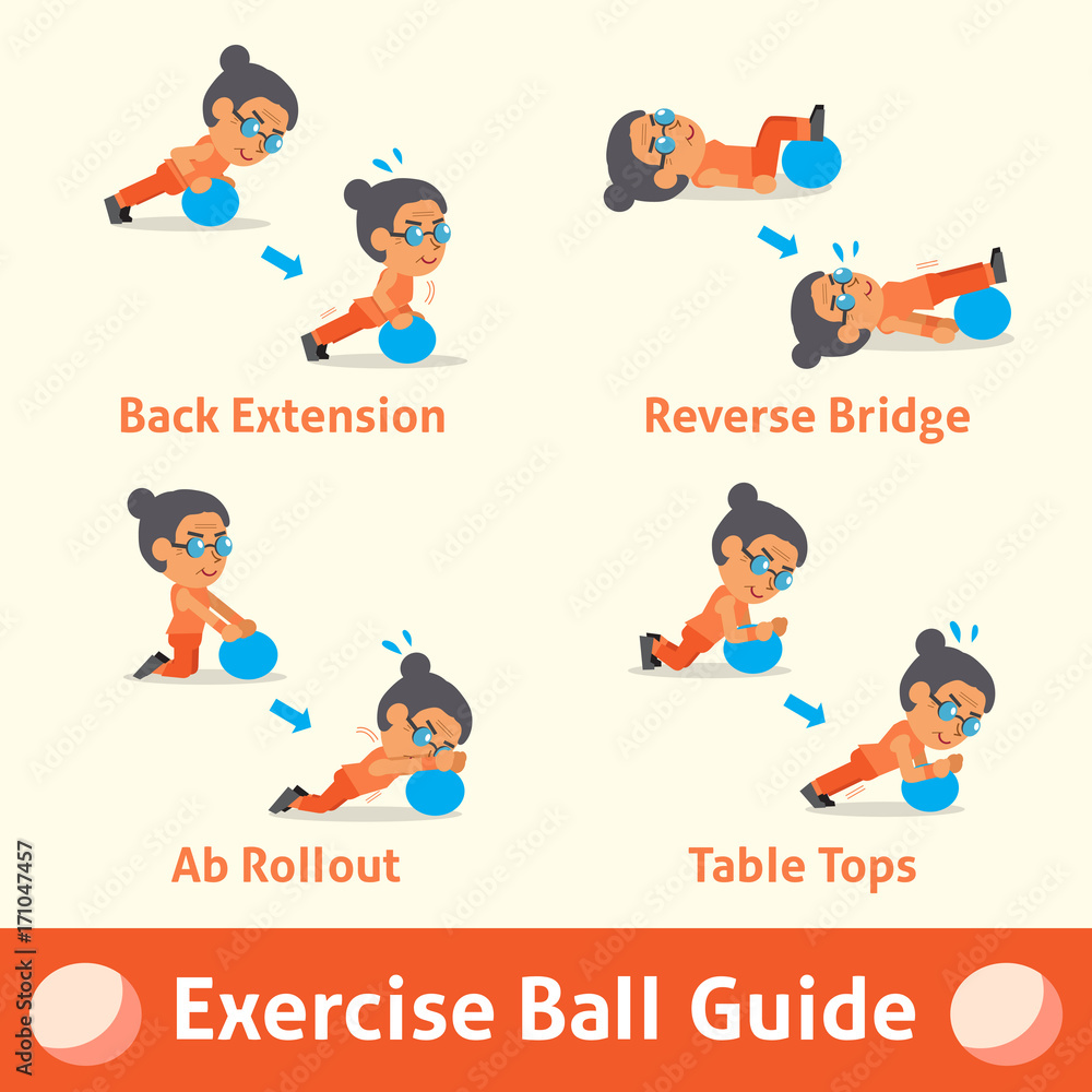 Cartoon set of old woman doing exercise ball step for health Stock ...