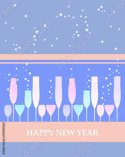 Happy new year poster with colorful background and champagne glass 