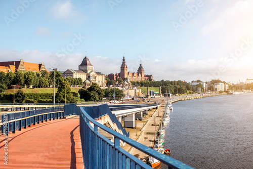 Landscape view on the Oder river with beautiful buildings in Szczecin city in Poland