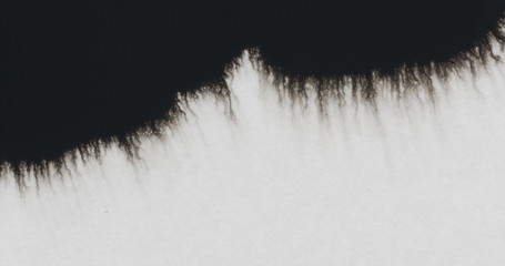 closeup black ink border spreading on wet paper top view