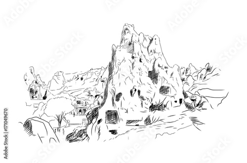Hand drawn sketch of Cappadocia Turkey in vector illustration.