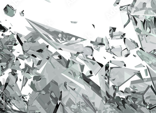 Demolished glass with sharp pieces on white