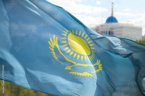 Flag of Kazakhstan in Astana and the president's residence. Photo in city Astana. photo