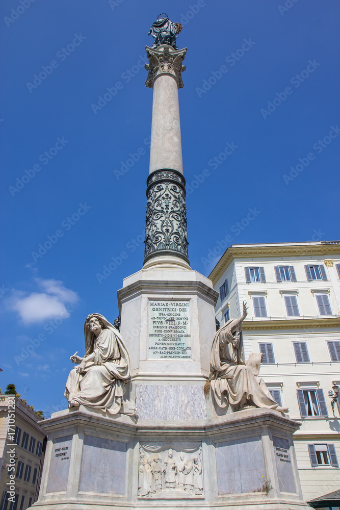 The Column of the Immaculate Conception stands in Piazza Mignanelli in front of the Spanish Embassy in Rome, and steps away from Piazza di Spagna.