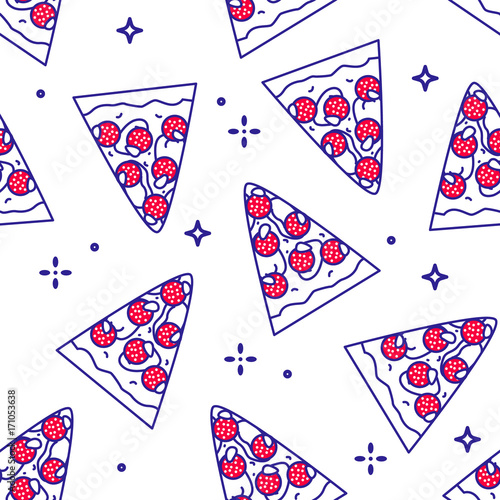 Seamless pattern with pieces of pizza pepperoni. Thin line flat design. Fast food background.