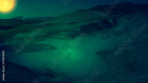 Fantasy scene of fumaroles and boiling mud pools in the night. Hverarönd, Mývatn area, Iceland, Europe.