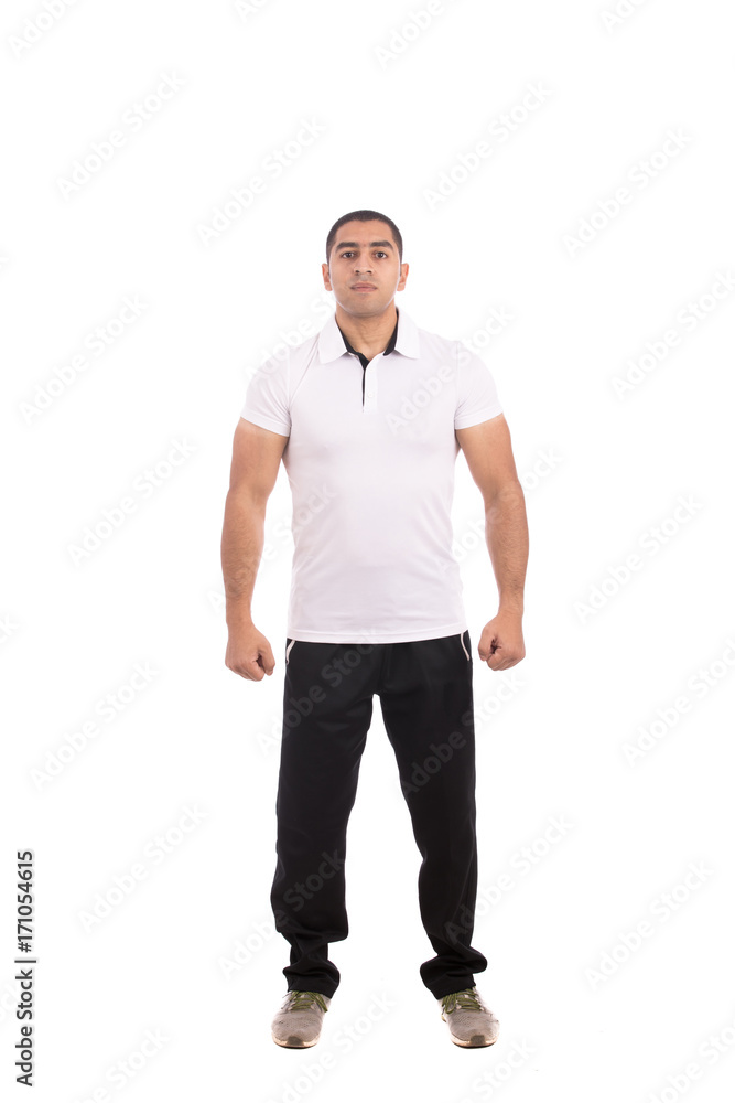 Full length view of handsome athlete man wearing casual wear, isolated on white background Full length view of handsome athlete man wearing casual wear, isolated on white background