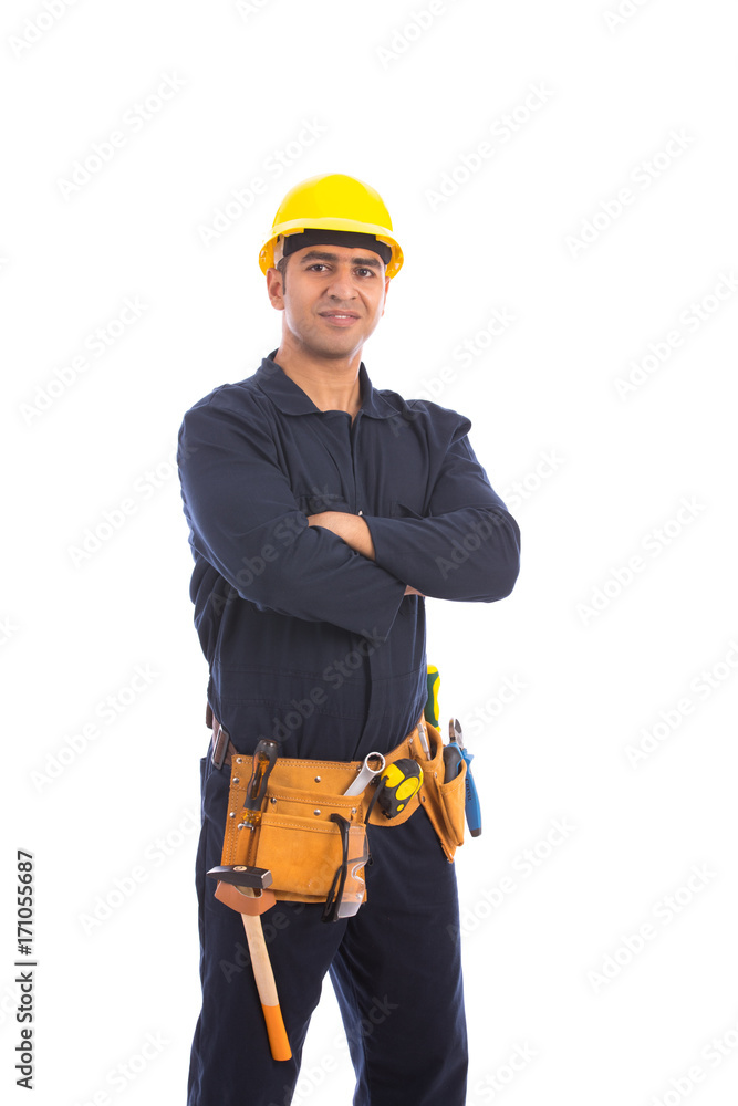 Happy beard worker smiling, guy wearing dark blue workwear and belt equipment with yellow helmet, isolated on white background Happy beard worker smiling, guy wearing dark blue workwear and belt equipment with yellow helmet, isolated on white background