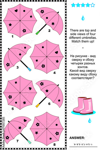 Pink umbrellas visual puzzle: There are top and side views of four different umbrellas. Match them up! Answer included.
