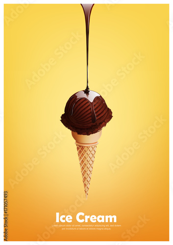 Chocolate coffee ice cream cone, Pour chocolate syrup, dairy product flavor, Vector illustration