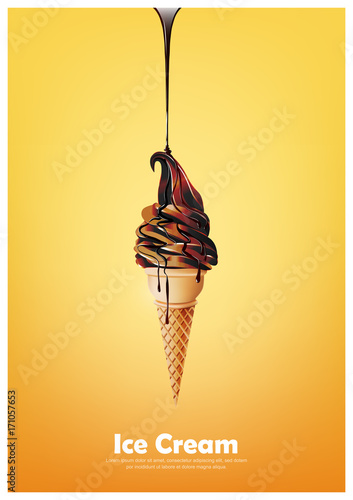 Chocolate soft ice cream cone, Pour chocolate syrup, Vector illustration