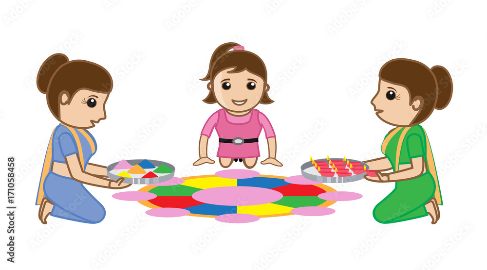 Indian Woman and Small Girl Decorating Rangoli Indian Woman and Small Girl Decorating Rangoli