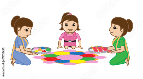 Indian Woman and Small Girl Decorating Rangoli