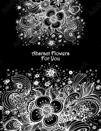Template with abstract flowers bouquet white on black for decoration  package of perfume or for cosmetic shampoo soap or for wedding invitation 
