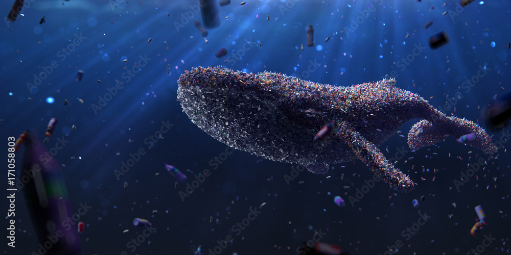 Fototapeta Garbege whale underwater Problem środowiska z zanieczyszczeniem śmieci z tworzyw sztucznych w oceanie