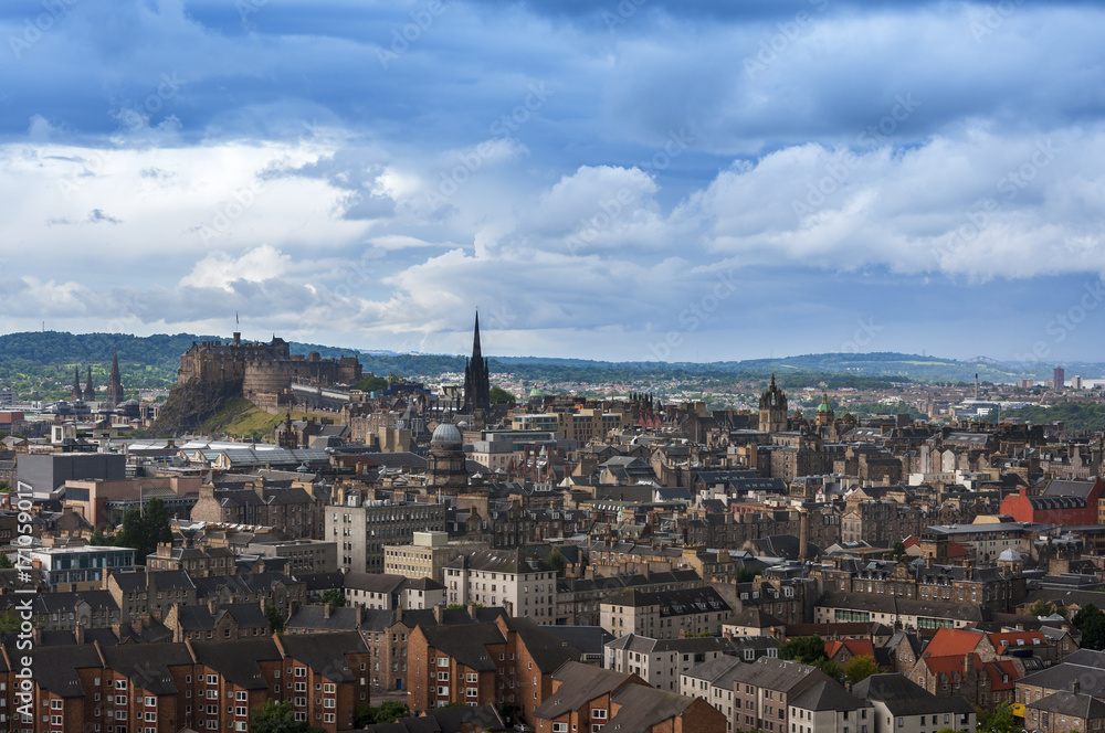Panoramic view of the skyline of the city of Edinburgh in Scotland, United Kingdom.