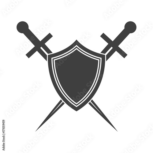 Abstract shield and sword icon.