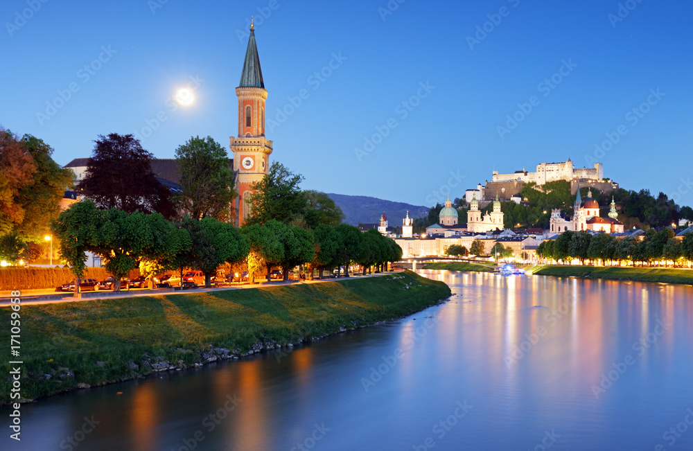 Historic city of Salzburg with Hohensalzburg Fortress at dusk, Salzburger Land, Austria