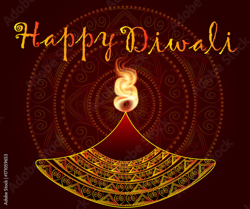 Happy Diwali. Lamp, oil lamp with a burning fire on a mandala background. Red background.