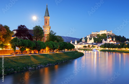 Historic city of Salzburg with Hohensalzburg Fortress at dusk, Salzburger Land, Austria