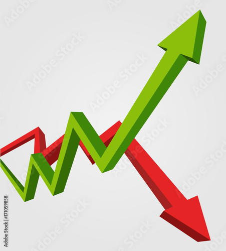 Green arrow up and red arrow down. Stock exchange concept show about profit and loss trading of trader, 3d style illustration.
