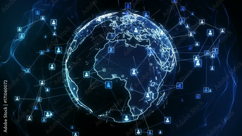 Global network connections. Connecting people around the world. You can use it for a technology, communication or social media background. Blue version. Seamless loop. 4K