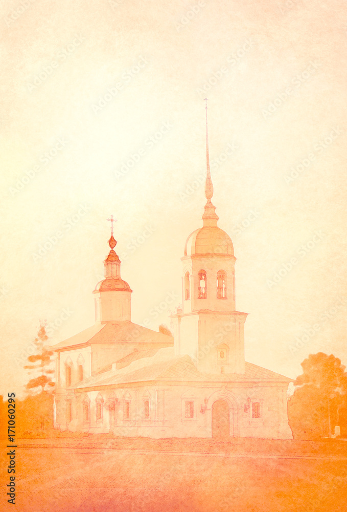 Church in the Vologda city. Yellow silhouette in the fog. Vintage card style