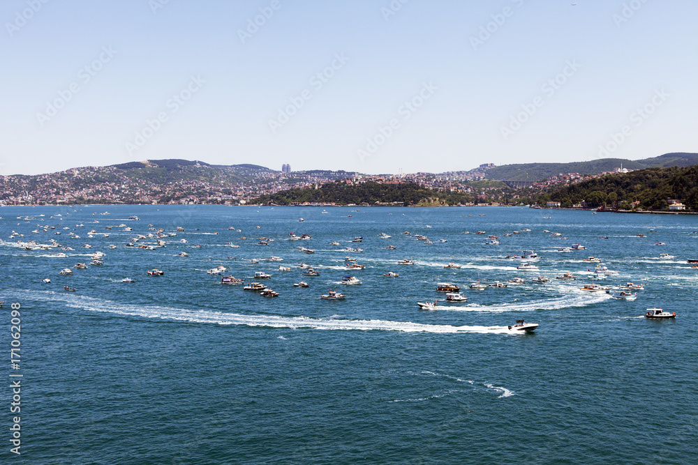 Lots of fishing boats in the sea of bosphorus Istanbul