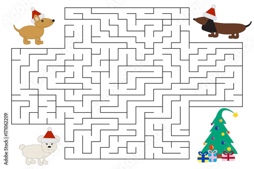 Funny cartoon dogs in Christmas maze are looking for gifts. Labyrinth for preschool and school kids. Vector illustration.