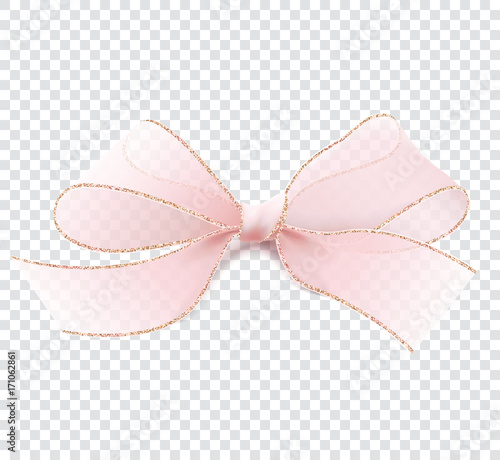 Realistic illustration in vector. 3D pink transparent bow with gold border. Isolated on a transparent background. Element for decorating gifts, creating holiday cards. Feminine and elegant. EPS10