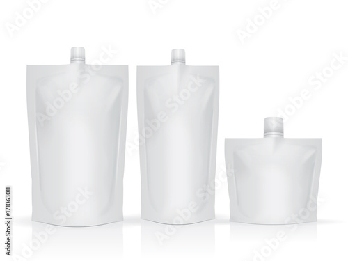 Three blank food or drink pouch bags on white background
