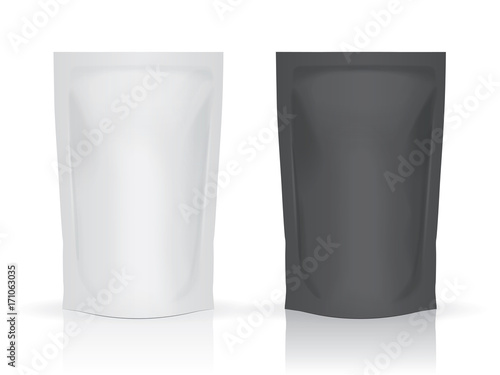 Two sealed flexible food pouch bags on white background